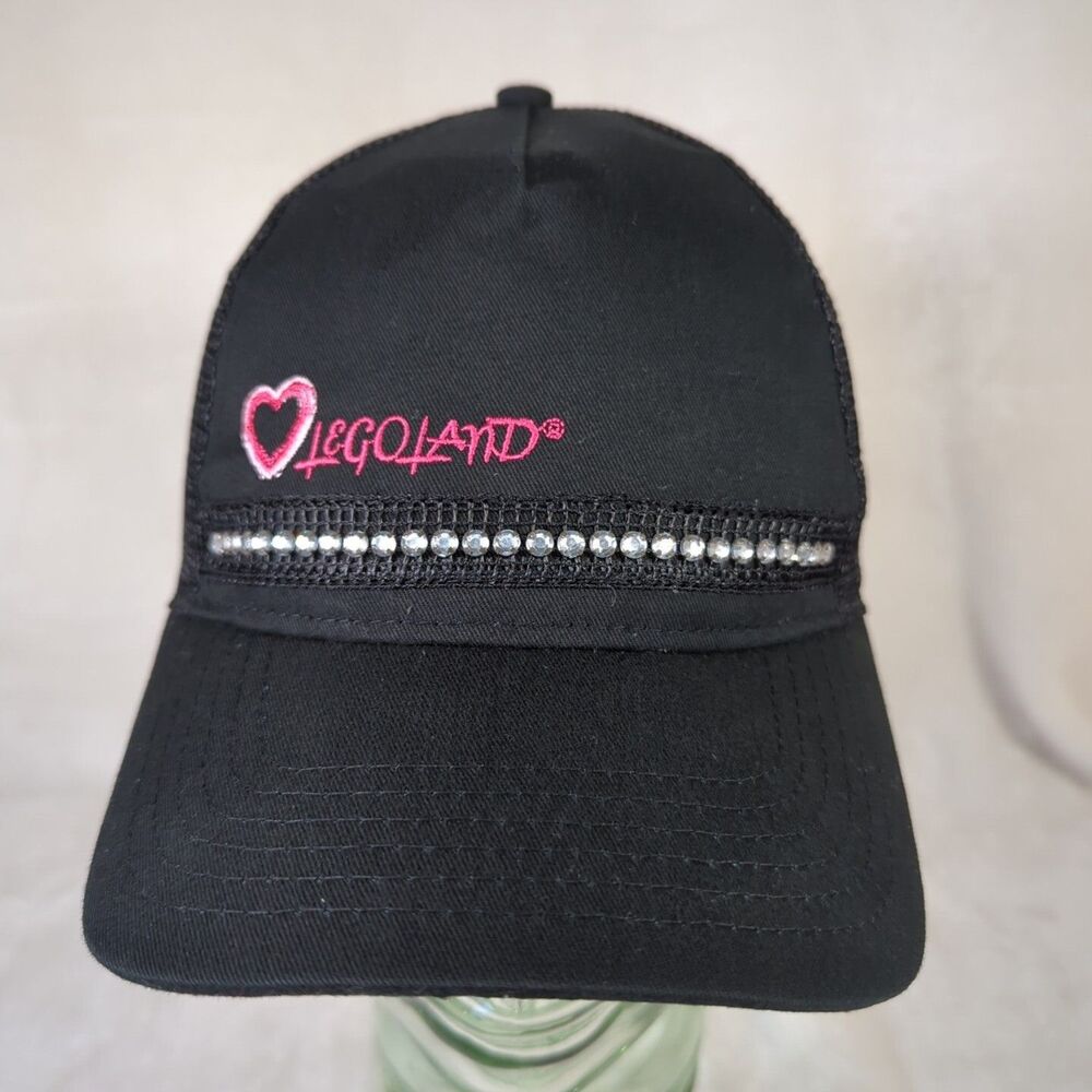 Legoland Rhinestone Hat Black Mesh Snapback Women Adjustable Cap Pink Heart 2014